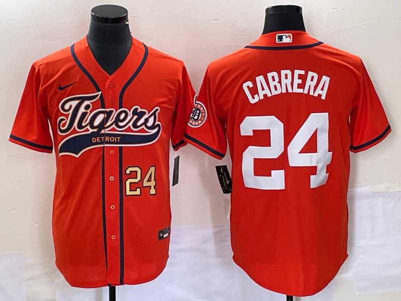 Men%27s Detroit Tigers #24 Miguel Cabrera Number Orange Cool Base Stitched Baseball Jersey
